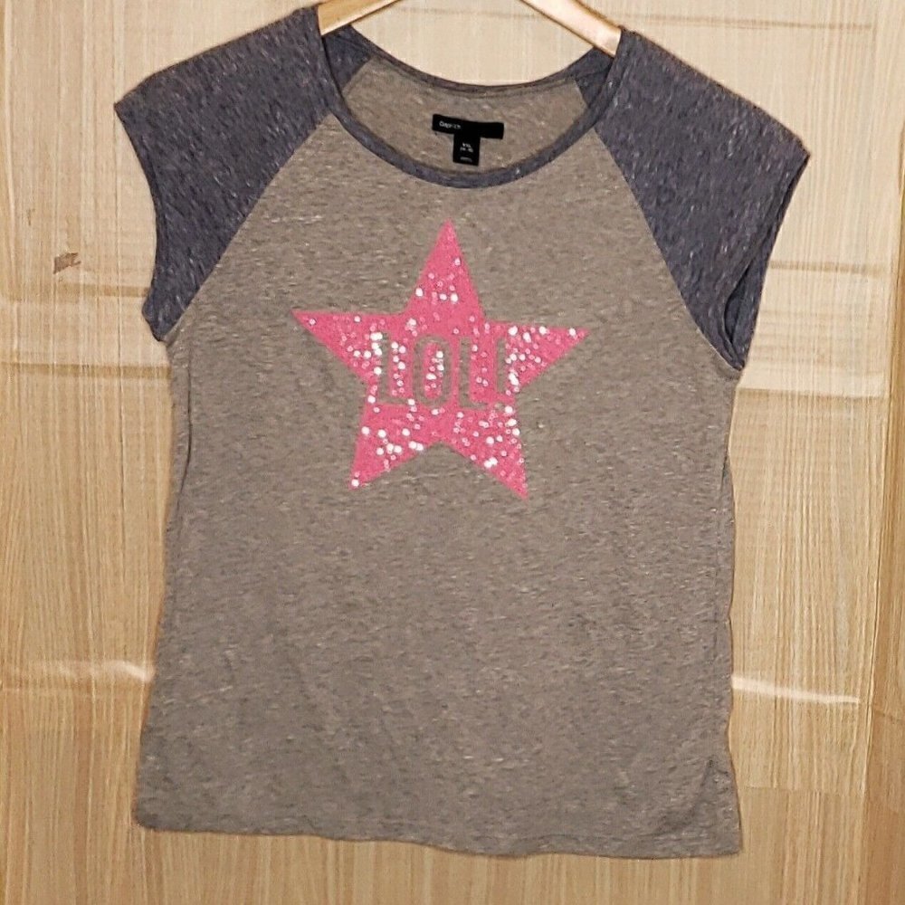 Gap Kids Girls New Grey Short Sleeve Pink Sequin Star Shirt XXL 16-18